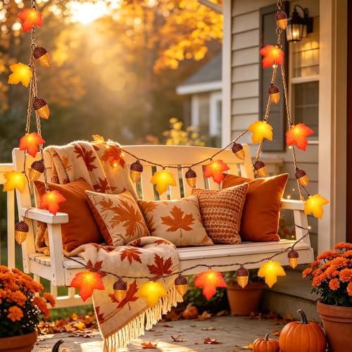 12Ft 20LED Fall Lights - Maple Leaf Acorn String Lights Waterproof, Plug in LED Fall String Lights Indoor Outdoor with Orange Yellow Leaf & Acorn for Home Gathering Autumn Thanksgiving Harvest Decor - Image 3