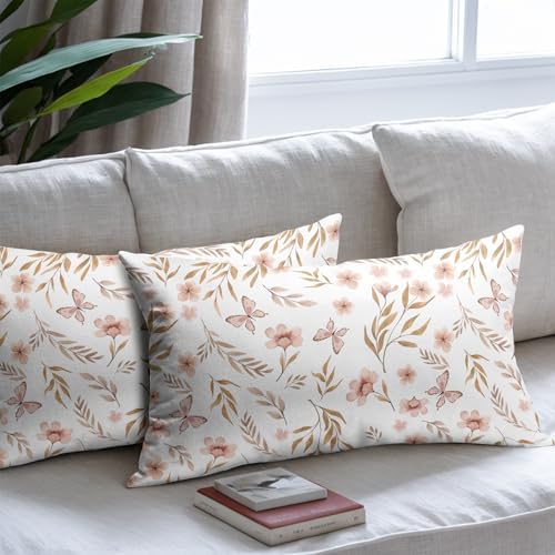 Spring Pink Floral Pillow Covers 12x20 Set of 2 Flower Leaf Throw Pillow Covers Pillowcase Linen Decoration Farmhouse Soft Decorative Butterfly Vintage Cushion Case Couch for Indoor Outdoor Home Decor - Image 6