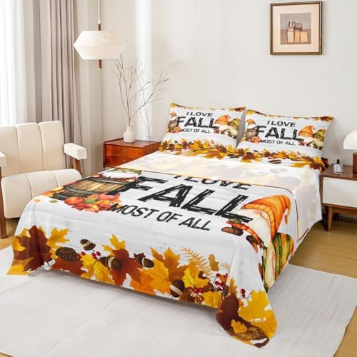 Gnomes Pumpkin Bed Sheets Rustic Farmhouse Fall Bed Sheet Set Twin Size Thanksgiving Harvest Season Sheet Set Maple Leaf Pinecone Decor Fitted Sheet Soft Lightweight Flat Sheet Bedroom Decor 3 Pcs by Erosebridal