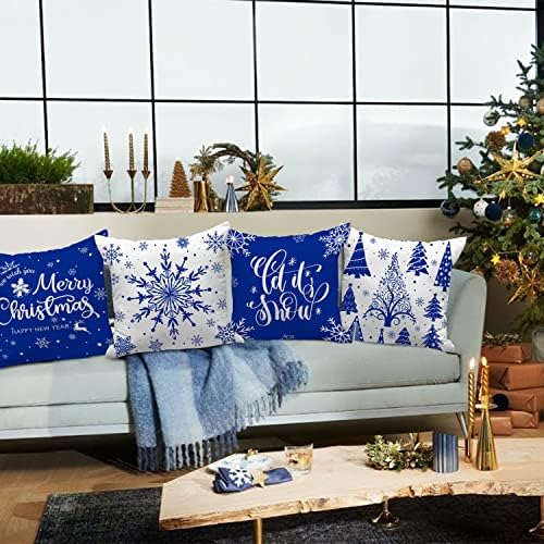Lanpn Christmas Throw Pillow Covers 18x18 Set of 4, Merry Christmas Winter Xmas Snowflake Decorative Holiday Cushion Pillow Cases 18 x 18 for Outdoor Indoor Farmhouse Home Room Couch Decor (Blue) - Image 4