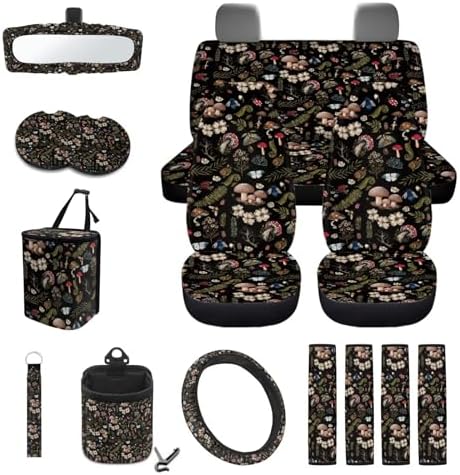 Cottagecore Mushroom Snail Moth Fern 15Pcs Car Seat Cover Full Set Car Steering Wheel Cover Seat Belt Cover Trash Bin Air Vent Storage Box Front Rear View Mirror Car Cup Holder Keychain