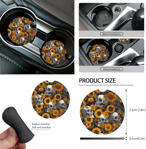 Gothic Skulls Sunflower Print 15Pcs Car Seat Cover Full Set Car Steering Wheel Cover Seat Belt Cover Trash Bin Air Vent Storage Box Front Rear View Mirror Car Cup Holder Keychain