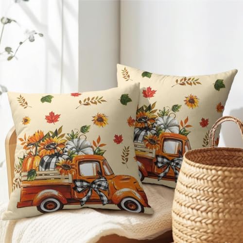 Fall Orange Truck Throw Pillow Covers 20x20 Set of 4 Buffalo Plaid Pumpkin Sunflower Thanksgiving Pillow Covers Plaid Bow Maple Leaves Pillowcase for Kitchen Sofa Cushion Outdoor Bedroom Decoration - Image 7