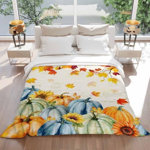 DecorLovee Fall Thanksgiving Blanket 50"x80", Reversible Blue Green Yellow Throw Blanket for Couch/Bed, Pumpkins Maple Leaf Lightweight Soft Throw Blankets for Adult, Warm Fuzzy Blankets for Winter - Image 5