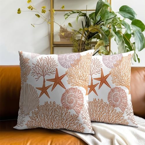 Summer Ocean Themed Nautical Coastal Throw Pillow Covers 18X18 Inches Set of 2 Orange Seashell Starfish Coral Pillowcase Soft Cotton Square Cushion Covers for Home Sofa Patio Bedroom Decoration - Image 7