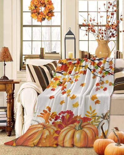 DecorLovee Orange Pumpkins Fall Blanket 50"x80", Reversible Thanksgiving Botanical Throw Blanket for Couch/Bed, Maple Leaf Lightweight Soft Throw Blankets for Adult, Warm Fuzzy Blankets for Winter - Image 2