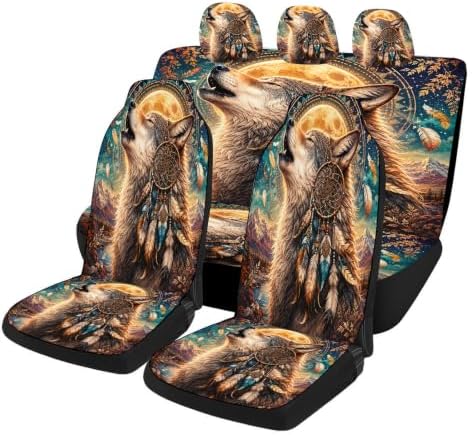 Moonlit Wolf Pattern Car Seat Covers, Trendy Universal Car Seat Protector Full Set, Automotive Seat Covers for Front Seats Rear Seat Back Seat Gift (Boho Dreamcatcher Wolf, Full Set)
