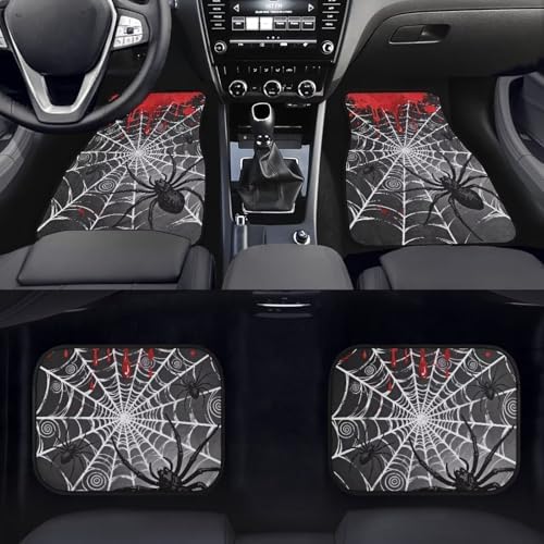 Spiderweb Car 4 Piece Floor Mat Set, Gothic Blood Drip Universal Fit Protection Heavy Duty Heel Pad Car Mats, Black Spider Car Floor Front and Rear 2 Rows Set