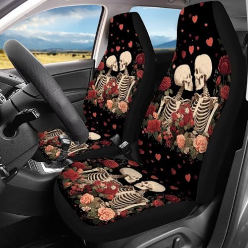 Skulls Heart Roses Print Car Seat Covers 4Pcs Front & Rear Breathable Seat Covers Universal Fits for Truck, Sedan, SUV Auto Interior Protector Car Accessories