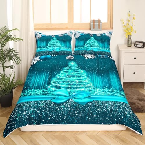 Merry Christmas Kids Duvet Cover Set Full Size,Snowflake Christmas Tree Bowknot Bedding Set,Girls Boys Adults Room Decor,Gradient Line Glitter Comforter Cover,Xmas Romantic Quilt Cover,2 Pillowcases - Image 2
