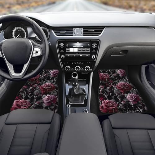Rose Non-Slip Car Mats Set, Bloody Rose Spiderweb Vehicle Floor Mats for Cars Carpet Car Accessories, Gothic Garden Front & 2nd Row Floor Mats for Driver Seat