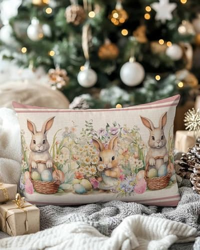 JasmineM Happy Easter Bunny Pillow Covers 12x20 inch Set of 2, Spring Florals Colorful Eggs Decorations Outdoor Throw Pillow Covers, Cotton Linen Lumbar Pillowcases for Sofa Couch Bedroom Decorative - Image 3