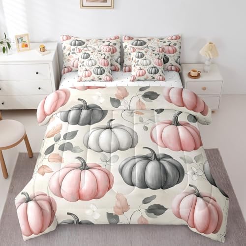 Erosebridal Pink Grey Pumpkin Full Comforter Set 7 Piece Fall Autumn Bedding Set with Sheet Set for Kids Girls Teen Women,Watercolor Botanical Eucalyptus Leaves Bed in A Bag Thanksgiving Bed Set by Erosebridal