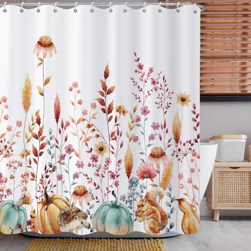 Fall Shower Curtain, Watercolor Autumn Pumpkins Floral Harvest Fruits Animals Thanksgiving Bathroom Curtain Waterproof Fabric Machine Washable with Hooks, 72" Wx96 L by Caheansi