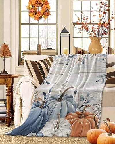 DecorLovee Orange Blue Pumpkins Fall Blanket 60"x80", Reversible Vintage Thanksgiving Throw Blanket for Couch/Bed, Botanical Lightweight Soft Throw Blankets for Men, Warm Fuzzy Blankets for Winter - Image 2