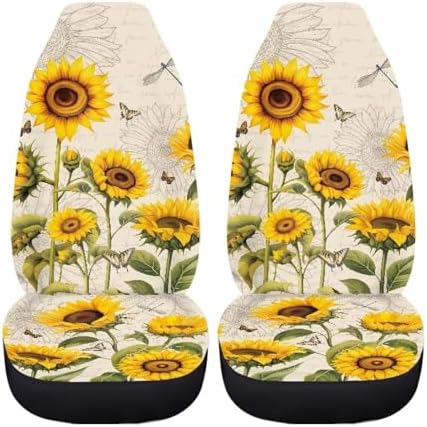 Sunflower Dragonfly Car Seat Covers Full Set of 2 Automobile Front Seat Covers Vehicle Accessories Carseat Seat Covers Cushion Pad Mat for SUV Trucks Chairs Vans Auto
