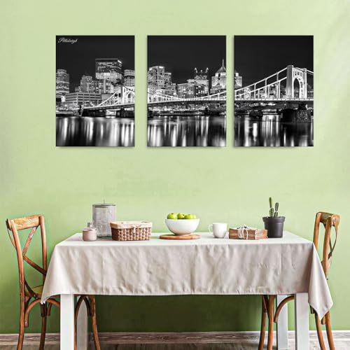 Black and White Pittsburgh Skyline Wall Art for Living Room USA Pennsylvania Cityscape Picture Wall Decor Night View Downtown City Building Skyscraper Panoramic Artwork Bedroom Decoration 24x36" 3P - Image 5