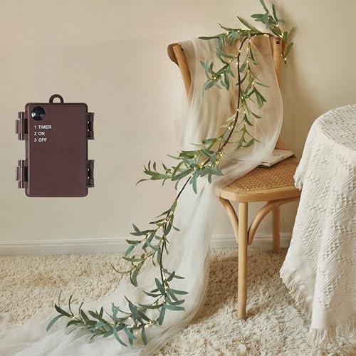 Fudios Lighted Olive Garland Battery Operated with Timer 96 LED Fairy Lights 6ft, Mantle Fireplace Vine Garland with Lights for Spring Easter Decoration Christmas Valentines Wedding Party by Fudios