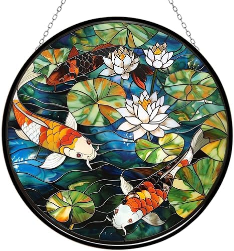 Stained Glass Window Hanging, Koi Fish Sun Catchers Diamond Glass Panel Hangings Abstract Suncatcher Decor for Birthday for Women, Men, Wife, Aunt, and Mom 9.8 in by 365CUSGIFTS