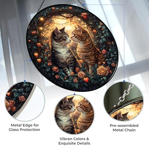 Realistic Cat Couple Stained Glass Window Hanging, Colorful Realistic Cat Couple Sun Catchers Glass Panel Blue Suncatcher Decor for Birthday for Women, Men, Wife, Aunt, and Mom 7.8 in - Image 3