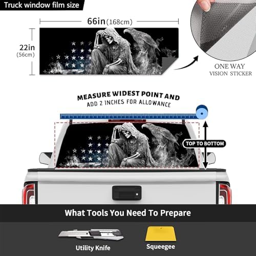 Vintage Grim Reaper Rear Window Decals for Trucks, Abstract American Flag Eagle Window Decal Back Window Tint Graphic Perforated Vinyl Pickup Truck Stickers 66 x 22 inch