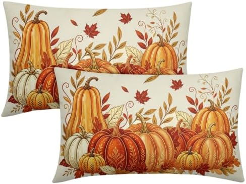 Fall Pumpkin Pillow Covers 12x20 Set of 2 Vintage Burnt Orange Maple Leaves Outdoor Throw Pillows Covers Autumn Thanksgiving Cream Farmhouse Decorative Farmhouse Cushion Case for Room Couch Sofa by Unknown