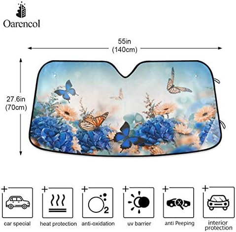 Butterfly Daisy Car Windshield Sun Shade Blue Hydrangea Yellow Flowers Foldable UV Ray Sun Visor Protector Sunshade to Keep Your Vehicle Cool (55" x 27.6")