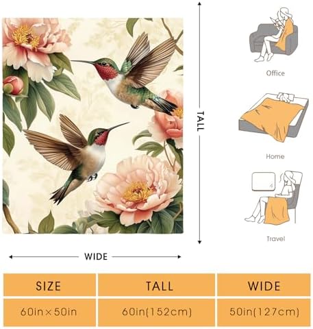 Hummingbird Floral Blanket Gifts for Women Girls,Pink Peony Flower and Birds Vintage Throw Blankets for Bed Living Room Sofa Couch Valentines Day Decor 50"x60" - Image 2