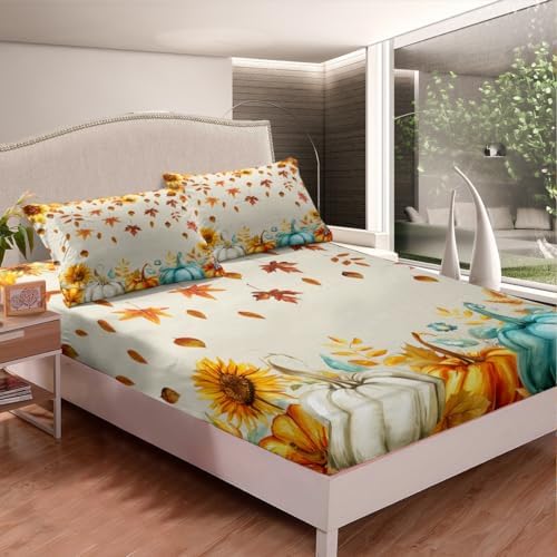 Erosebridal Fall Pumpkin Bedding Set for Home King Thanksgiving Harvest Season Fruit Decor Bed Sheets Fall Maple Leaf Sheet Set Rustic Farm Sunflower Fitted Sheet Autumn Flat Sheet + 2 Pillow Cases - Image 4