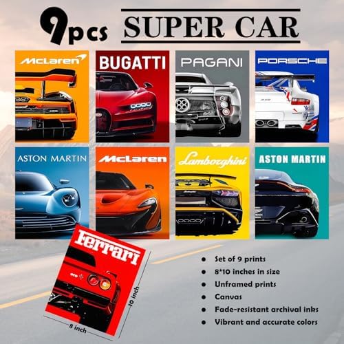 CSLGQGV Car Poster Vintage Racing Car Wall Art Supercar Canvas Prints Painting For Men Room Pictures Guys Dorm Room Aesthetics Decor Bedroom Office (Unframed,8×10inch,9pcs) Colorful car - Image 4