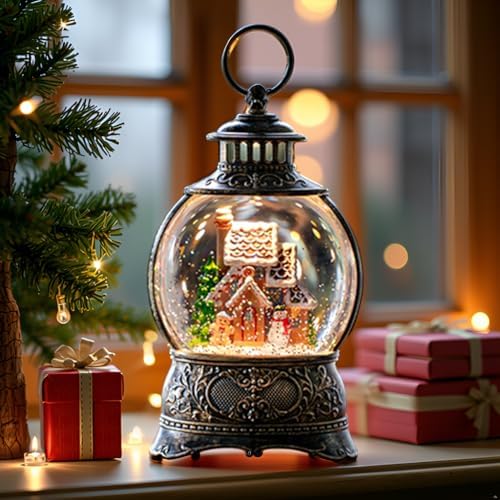 Christmas Snow Globes Christmas Water Lantern with Gingerbread Man & Snowman, Music & 6H Timer, USB Lined/Battery Operated Lighted Lanterns for Xmas Festival Decoration Gifts - Image 6