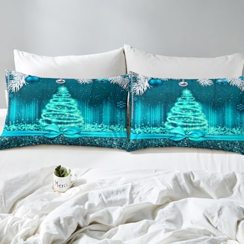 Merry Christmas Kids Duvet Cover Set Full Size,Snowflake Christmas Tree Bowknot Bedding Set,Girls Boys Adults Room Decor,Gradient Line Glitter Comforter Cover,Xmas Romantic Quilt Cover,2 Pillowcases - Image 5