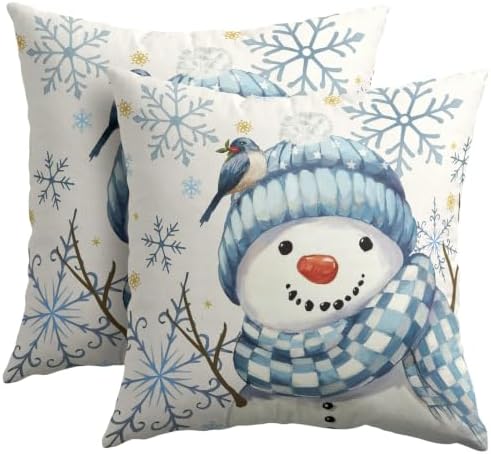 Christmas Blue Throw Pillow Covers 22x22 Set of 2 Winter Snowman Bird - Image 2