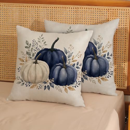 Fall Pillow Covers 18x18 Set of 2 Blue White Pumpkin Eucalyptus Leaves Pillow Covers Autumn Decorative Ourdoor Pillow Cases Thanksgiving Harvest Farmhouse Linen Cushion Cover for Couch Decor - Image 3