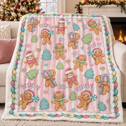 Christmas Gingerbread Blanket 60x80in Pink Striped Holiday Throw by ZZKOL