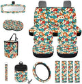 Colorful Hippie Daisy Print 15Pcs Car Seat Cover Full Set Car Steering Wheel Cover Seat Belt Cover Trash Bin Air Vent Storage Box Front Rear View Mirror Car Cup Holder Keychain