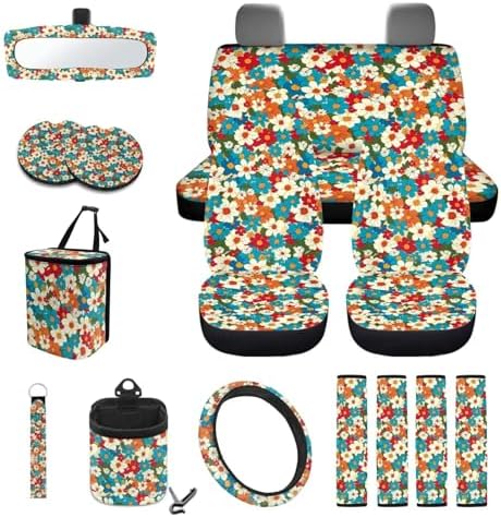 Colorful Hippie Daisy Print 15Pcs Car Seat Cover Full Set Car Steering Wheel Cover Seat Belt Cover Trash Bin Air Vent Storage Box Front Rear View Mirror Car Cup Holder Keychain