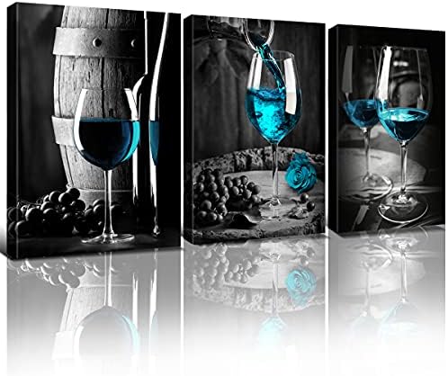 Turquoise Wine Wall Art for Kitchen Teal Wall Decor Living Room Gray and Black Wine Glass Canvas Pictures Dining Room Art Wall Decor Casks Posters Family Bar Modern Home Decorations 12x16" 3 Piece/Set by sunfrower