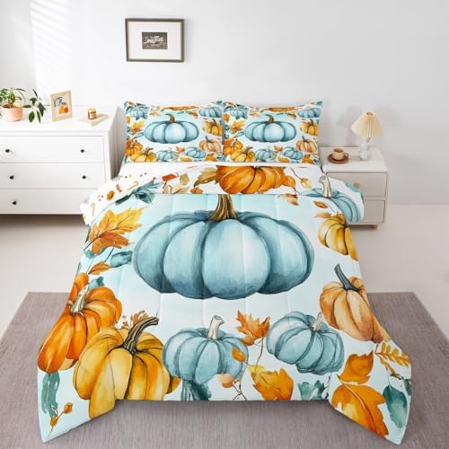 Erosebridal Kids Fall Pumpkin Bedding Full for Teenagers Girls Boys, Blue Pumpkin Decor Comforter Set Autumn Leaves Bedding Comforter Sets 3 Pieces, Rustic Farmhouse Quilt with 2 Pillowcases by Erosebridal