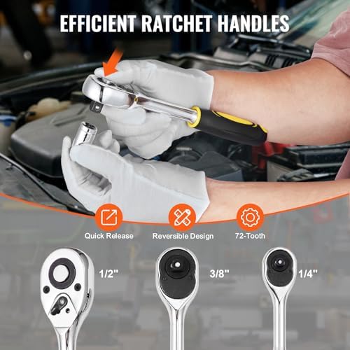 VEVOR Mechanics Tool Set 207 Pieces 1/4" 3/8" 1/2" Drive Sockets -SAE and Metric Mechanic Tool Kit with Bits - Wrenches, Ratchet Handle, Accessories, and Plastic Storage Case - for Automotive Repair - Image 4