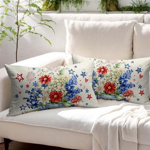 4th of July Pillow Covers 12x20 Set of 2, Patriotic Throw Pillow Covers Independence Memorial Day Pillowcase, Summer Floral Decorative Fourth of July Cushion Case Couch for Indoor Outdoor Home Decor - Image 3