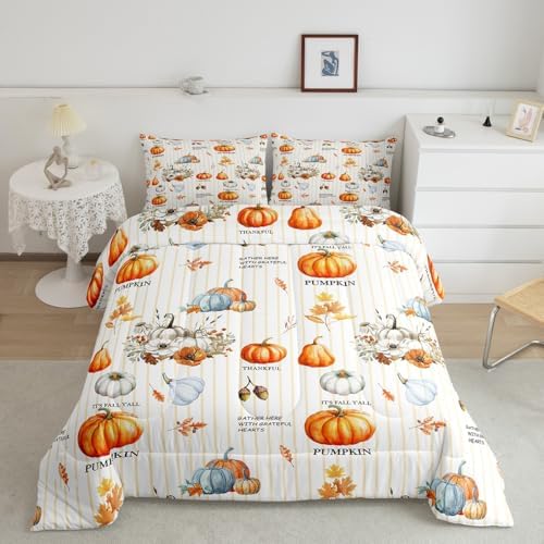 Homewish Fall Theme Pumpkin Comforter Set Twin Size Maple Leaves Bedding Set Vintage Yellow White Stripes Quilt Set for Kids Girls Boys Women Bedroom Decor Rustic Farmhouse Plants Duvet Insert 2Pcs - Image 4
