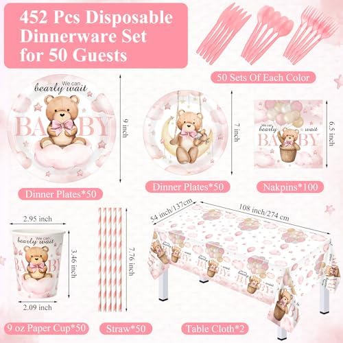 Funnymoom 452 Pcs Pink Bear Baby Shower Party Decorations for 50 Guests - Image 2