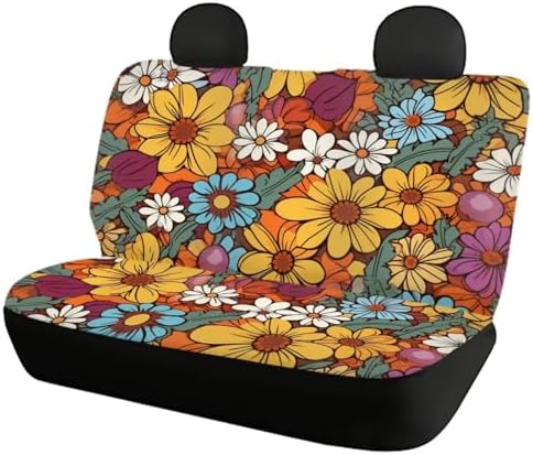Abstract Hippy 60s 70s Groovy Floral Print Car Accessories Car Seat Covers for Women Girls Front Rear Seat Covers Universal Fits for Most Truck Sedan SUV Van Auto Interior Decoration,4pcs