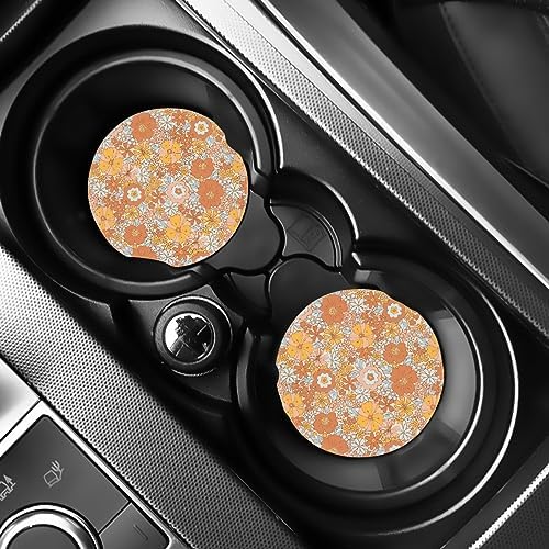 12 Piece Hippie Car Accessories Set Retro 70S Flower Auto Seat Covers Full Set 15Inch Steering Wheel Cover Seat Belt Cover Center Console Armrest Pad Keyring Cup Holder Pad for Vehicels