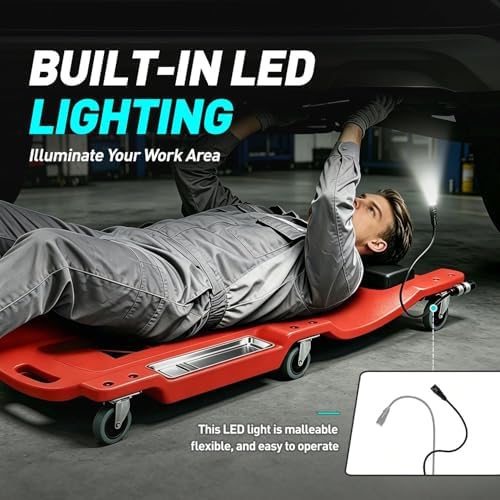 DNA Motoring 40 Inch Low Profile Plastic Rolling Garage Shop Floor Creeper with LED Light, Padded Headrest, Dual Tool Trays, Casters, Red, TOOLS-00389 - Image 6