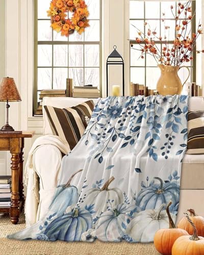 DecorLovee Blue Fall Blanket 40"x50", Reversible Thanksgiving Pumpkins Throw Blanket for Couch/Bed/Camping, Weeping Botanical Lightweight Soft Throw Blankets for Girls, Warm Fuzzy Blankets for Winter - Image 2