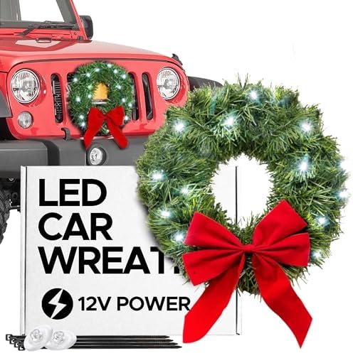 TACTIK Christmas Car Decoration - Car Christmas Wreath - 2025 Light-Up Christmas Wreath for Vehicle Grill - Fits Jeeps Trucks SUVs RVs Golf Carts and More - 12-Volt Plug-in Wreath Lighting by TACTIK