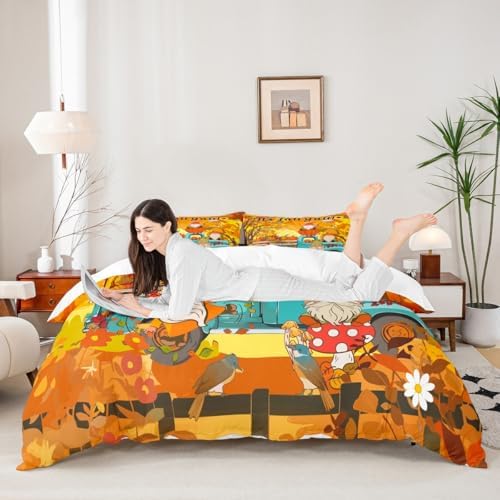Autumn Pumpkin Kids Duvet Cover Set King Size,Cute Gnomes Truck Harvest Bedding Set,Girls Boys Adults Room/Cabin Decor,Fall Maple Leaves Comforter Cover,Colorful Bright Quilt Cover,2 Pillowcases - Image 2