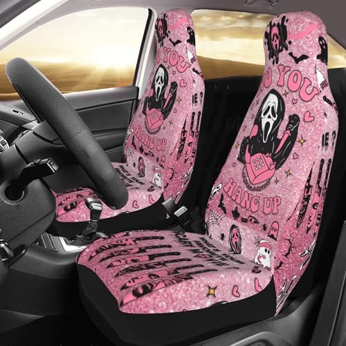 Halloween Ghost 2 Front Car Seat Covers for Car Truck Sedan SUV, Car Gifts, Durable Automotive Seat Covers, Breathable Bucket Seat Covers, Protective Interior Accessory (Pink Ghostface)